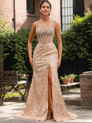 Sparkly Gold Mermaid Long Prom Dress With Beading Slit