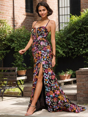 Black Floral Mermaid V-Neck Corset Long Prom Dress With Sequins Slit