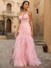 Pink Sheath V-Neck Corset Tiered Long Prom Dress With Beading Slit