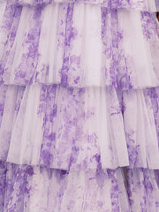 Purple Floral A Line V Neck Long Pleated Prom Dress With Slit