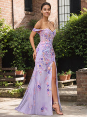 Purple Floral Mermaid  Off the Shoulder Long Prom Dress With Slit