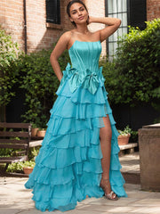 Blue A Line Strapless Long Pleated Prom Dress With Slit