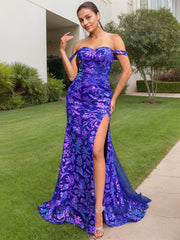 Royal Blue Sheath Off the Shoulder Long Sequined Prom Dress With Slit