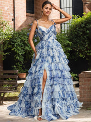 Blue Floral A Line V Neck Long Pleated Prom Dress With Slit