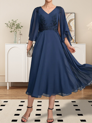 A-line V-Neck Tea-Length Chiffon Lace Mother of the Bride Dress With Beading Sequins