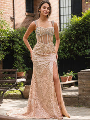 Sparkly Gold Mermaid Long Prom Dress With Beading Slit