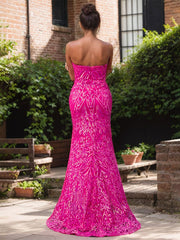 Elegant Fuchsia Strapless Sequin Gown with High Slit