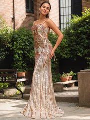 Sparkly Gold Mermaid Spaghetti Straps Corset Sequin Long Prom Dress