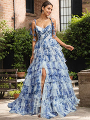 Blue Floral A Line V Neck Long Pleated Prom Dress With Slit