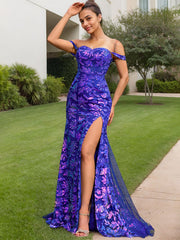 Royal Blue Sheath Off the Shoulder Long Sequined Prom Dress With Slit