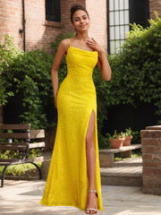 Radiant Daffodil Spaghetti Strap Sequin Gown with High Slit