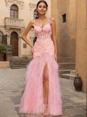 Pink Sheath V-Neck Corset Tiered Long Prom Dress With Beading Slit