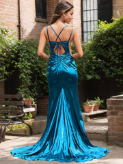 Metallic Lace Up Back V-Neck Ruched Mermaid Maxi Dress With Keyhole Cutout Slit