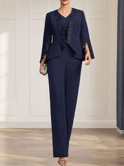 Separates Jumpsuit/Pantsuit V-Neck Floor-Length Chiffon Mother of the Bride Dress