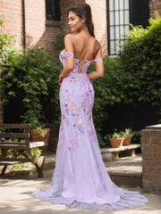 Purple Floral Mermaid  Off the Shoulder Long Prom Dress With Slit