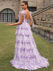 Purple Floral A Line V Neck Long Pleated Prom Dress With Slit