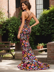 Black Floral Mermaid V-Neck Corset Long Prom Dress With Sequins Slit