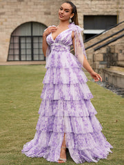 Purple Floral A Line V Neck Long Pleated Prom Dress With Slit