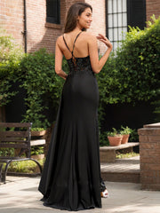 Black Mermaid Spaghetti Straps Long Appliqued Prom Dress With Slit