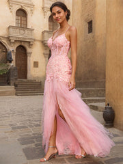 Pink Sheath V-Neck Corset Tiered Long Prom Dress With Beading Slit