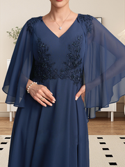 A-line V-Neck Tea-Length Chiffon Lace Mother of the Bride Dress With Beading Sequins