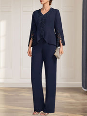 Separates Jumpsuit/Pantsuit V-Neck Floor-Length Chiffon Mother of the Bride Dress