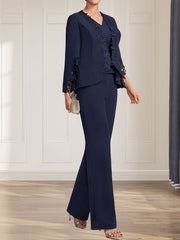 Separates Jumpsuit/Pantsuit V-Neck Floor-Length Chiffon Mother of the Bride Dress