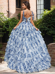 Blue Floral A Line V Neck Long Pleated Prom Dress With Slit