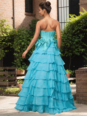 Blue A Line Strapless Long Pleated Prom Dress With Slit