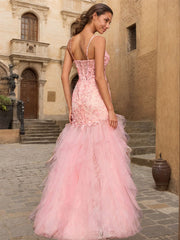 Pink Sheath V-Neck Corset Tiered Long Prom Dress With Beading Slit