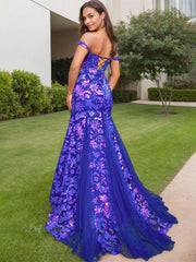 Royal Blue Sheath Off the Shoulder Long Sequined Prom Dress With Slit