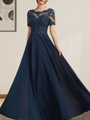 A-line Scoop Illusion Floor-Length Chiffon Lace Mother of the Bride Dress With Sequins Beading