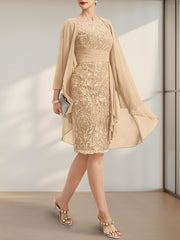 Sheath/Column Scoop Illusion Knee-Length Lace Chiffon Mother of the Bride Dress With Cascading Ruffles Sequins