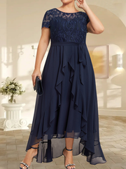 A-line Scoop Illusion Asymmetrical Chiffon Lace Mother of the Bride Dress With Bow Ruffle Sequins