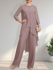 Separates Jumpsuit/Pantsuit Scoop Floor-Length Chiffon Mother of the Bride Dress With Sequins Beading