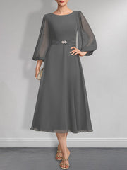 A-line Scoop Tea-Length Chiffon Mother of the Bride Dress With Crystal Brooch Pleated