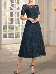 A-line Scoop Illusion Tea-Length Lace Mother of the Bride Dress With Sequins