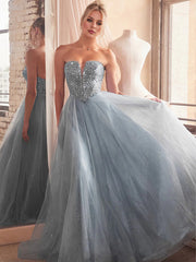 Blue A Line Sweetheart Long Prom Dress With Sequins