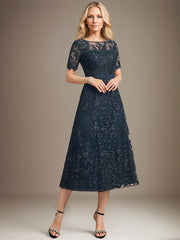 A-line Scoop Illusion Tea-Length Lace Mother of the Bride Dress With Sequins