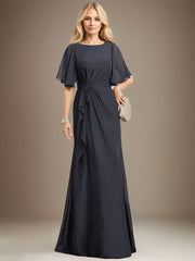 A-line Scoop Floor-Length Chiffon Mother of the Bride Dress With Cascading Ruffles Beading Sequins