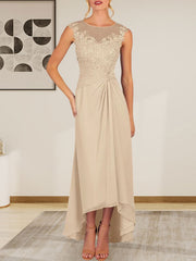 Champagne A-Line Scoop Lace Chiffon Dress