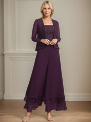 Separates Jumpsuit/Pantsuit Square Ankle-Length Lace Chiffon Mother of the Bride Dress With Sequins