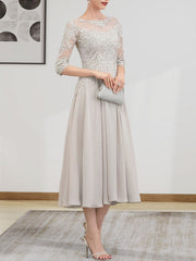 A-line Scoop Illusion Tea-Length Chiffon Lace Mother of the Bride Dress With Beading Sequins