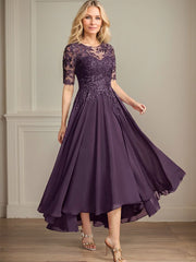 A-line Scoop Illusion Asymmetrical Chiffon Lace Mother of the Bride Dress With Sequins