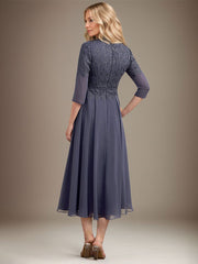 A-line V-Neck Tea-Length Chiffon Lace Mother of the Bride Dress With Beading