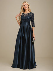 A-line Scoop Illusion Floor-Length Stretch Satin Lace Mother of the Bride Dress With Bow Sequins