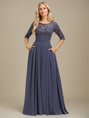 A-Line Scoop Floor-Length Lace Chiffon Mother Of the Bride Dress With Sequins Applique