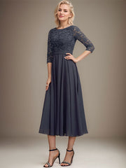 A-line Scoop Tea-Length Lace Chiffon Mother of the Bride Dress With Sequins