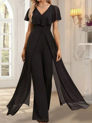 Jumpsuit/Pantsuit V-Neck Floor-Length Chiffon Evening Dress