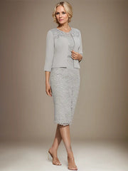 Sheath/Column Scoop Knee-Length Chiffon Lace Mother of the Bride Dress With Beading